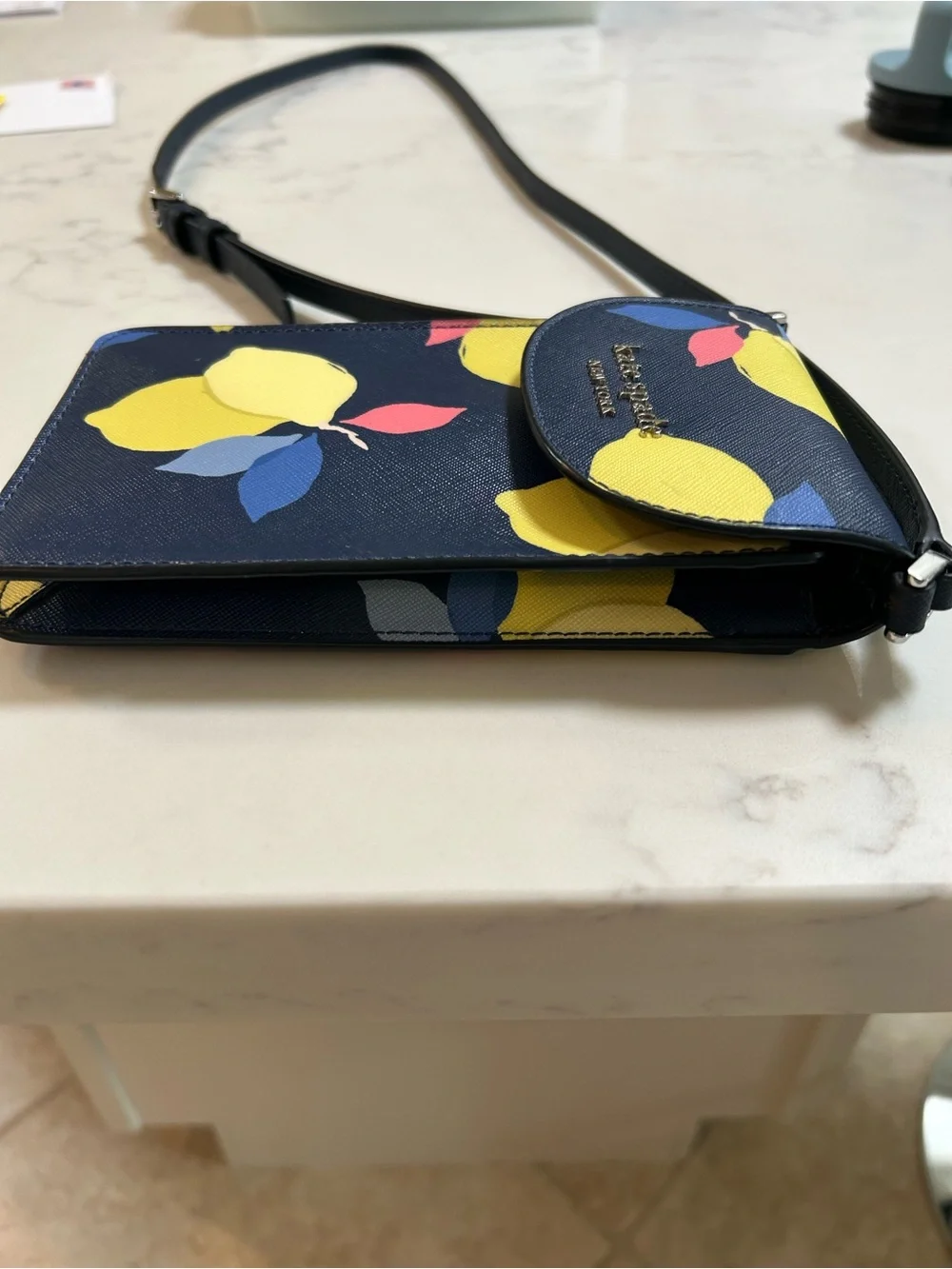 kate spade navy lemon print crossbody with pink and blue accents